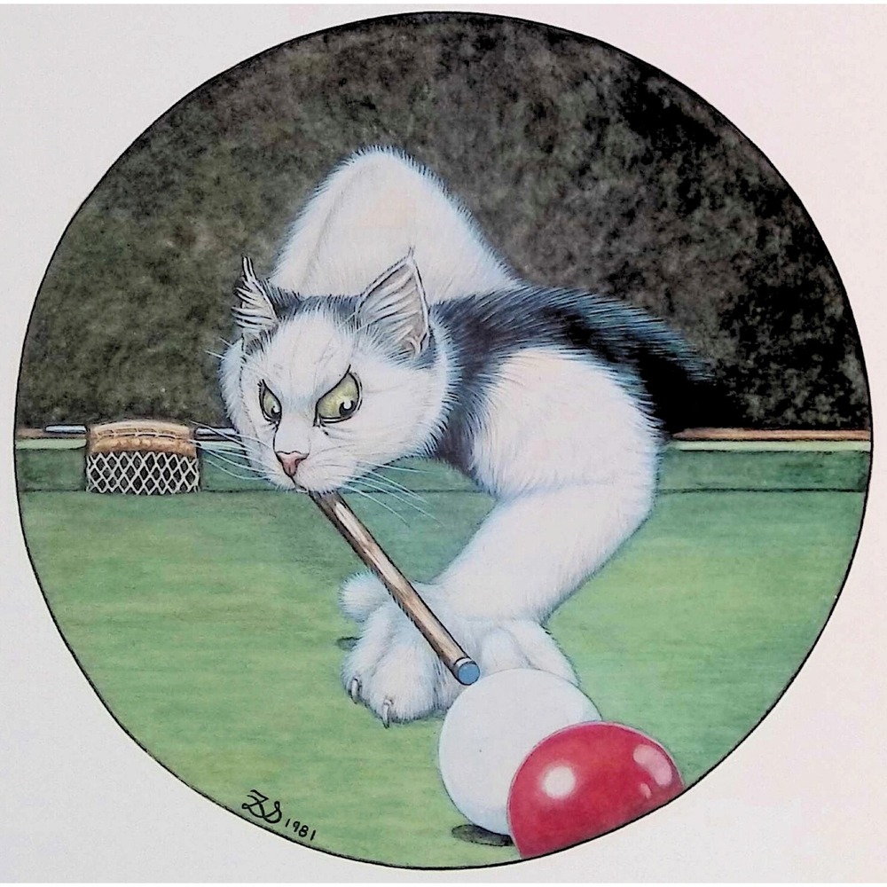 1982 Zoe Stokes Billiards Pool Playing Cat Vintage Book Print Whimsical Wall Art